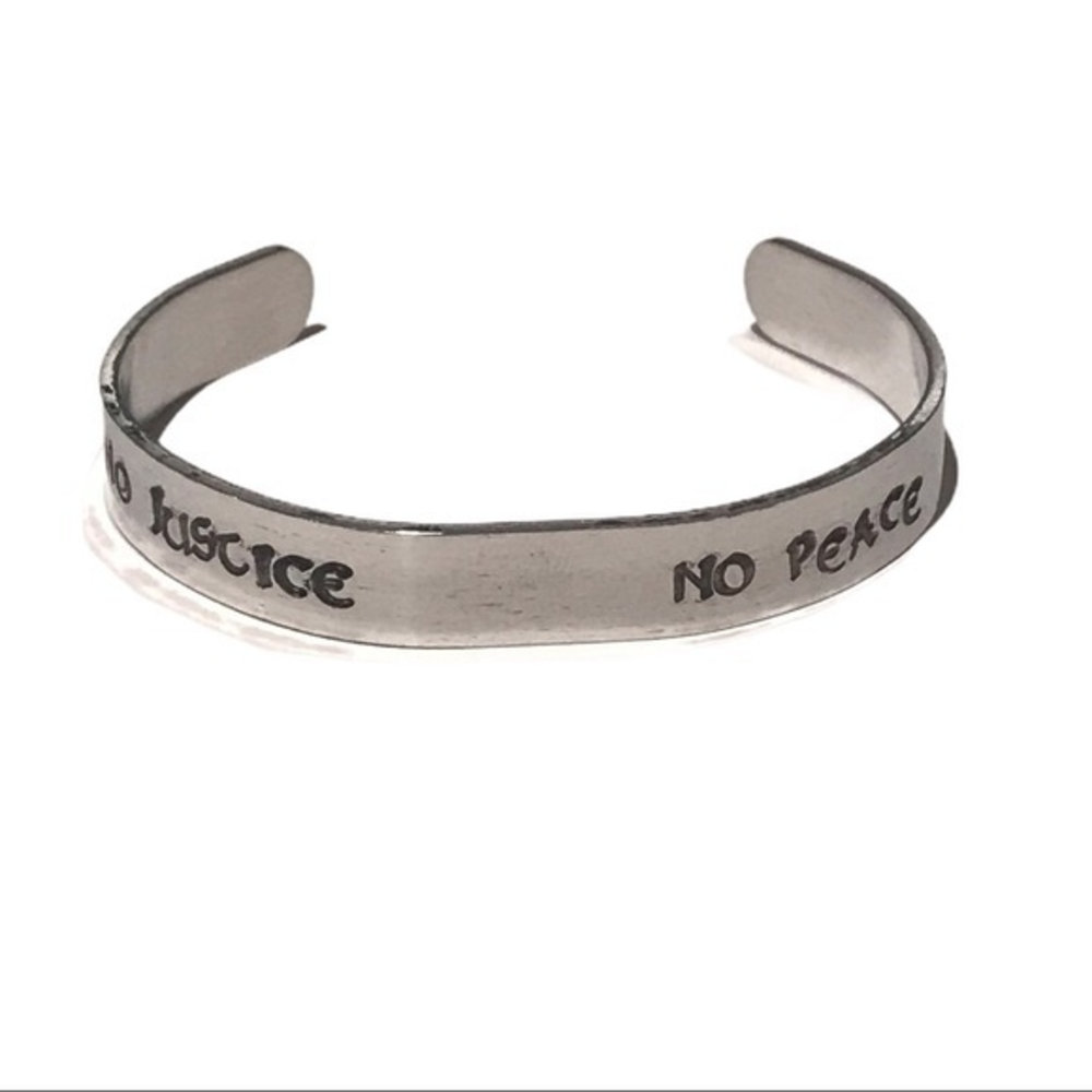 Handmade stamped No Justice No Peace silver adjustable stackable cuff bracelet